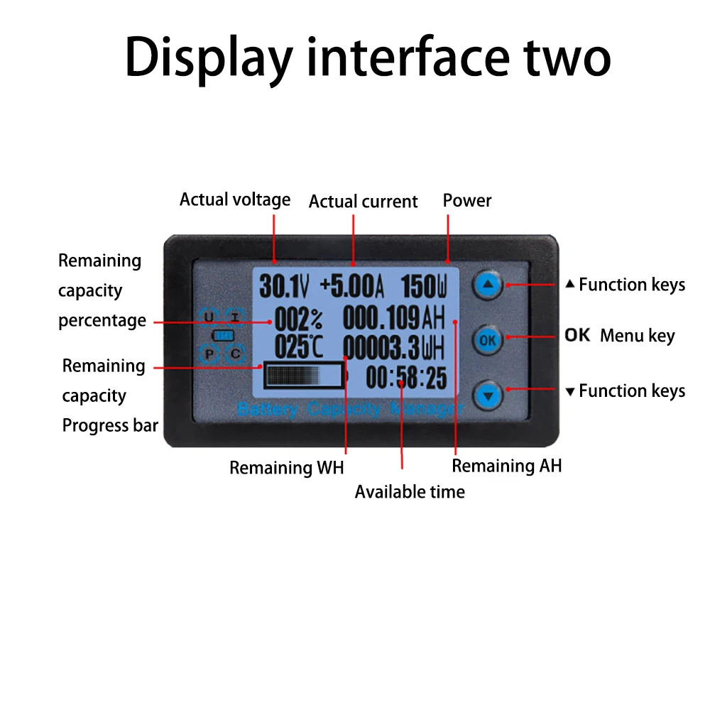 Imagem -06 - Monitor de Bateria Coulomb Tester Lcd Digital Voltímetro Amperímetro Capacidade Poder Eletricidade Voltagem Medidor para rv Solar Pan dc 8120v