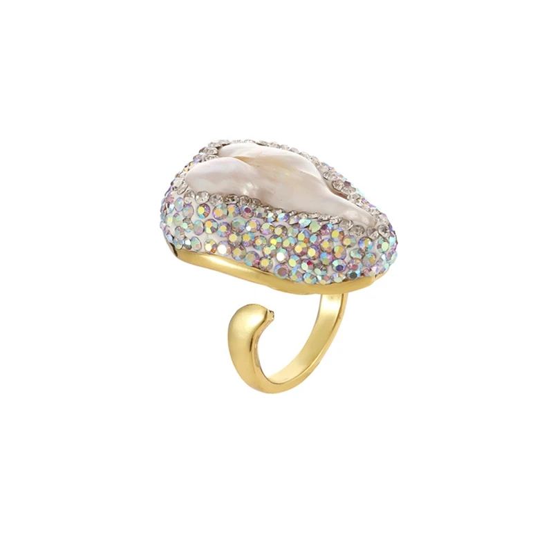 Natural Baroque Freshwater Pearl Finger Rings Rhinestone Clay Setting 18K Gold Plated Luxury Women Party Exquisite Jewelry