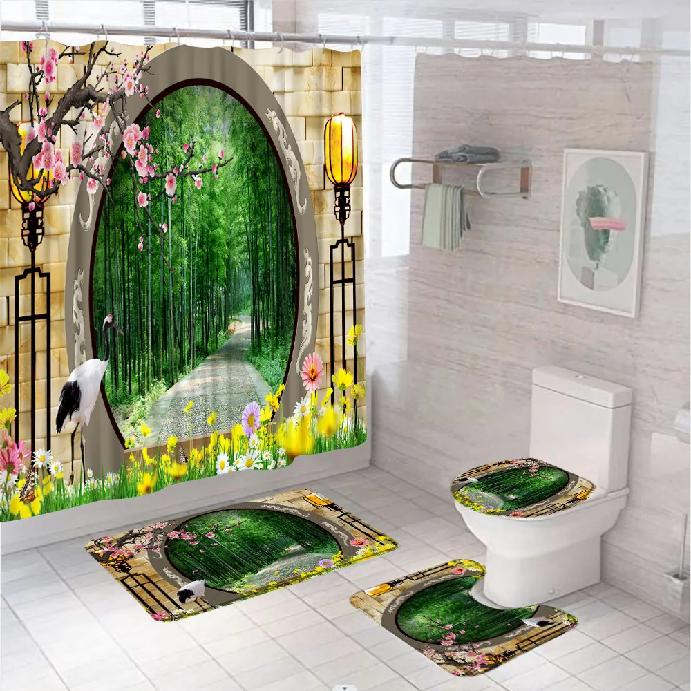 

4Pcs Plum Blossom Floral Crane Shower Curtain Set Bamboo Forest Scenery Bathroom Curtains Non-Slip Rug Toilet Lid Cover Bath Mat