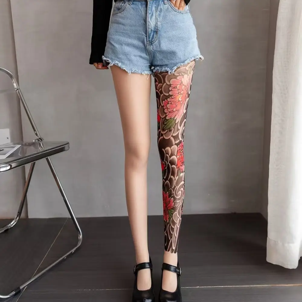 Fashion Printed Women's Tights Stockings Perspective Mesh Peony Pantyhose Fake Tattoo Leggings Nylon Socks