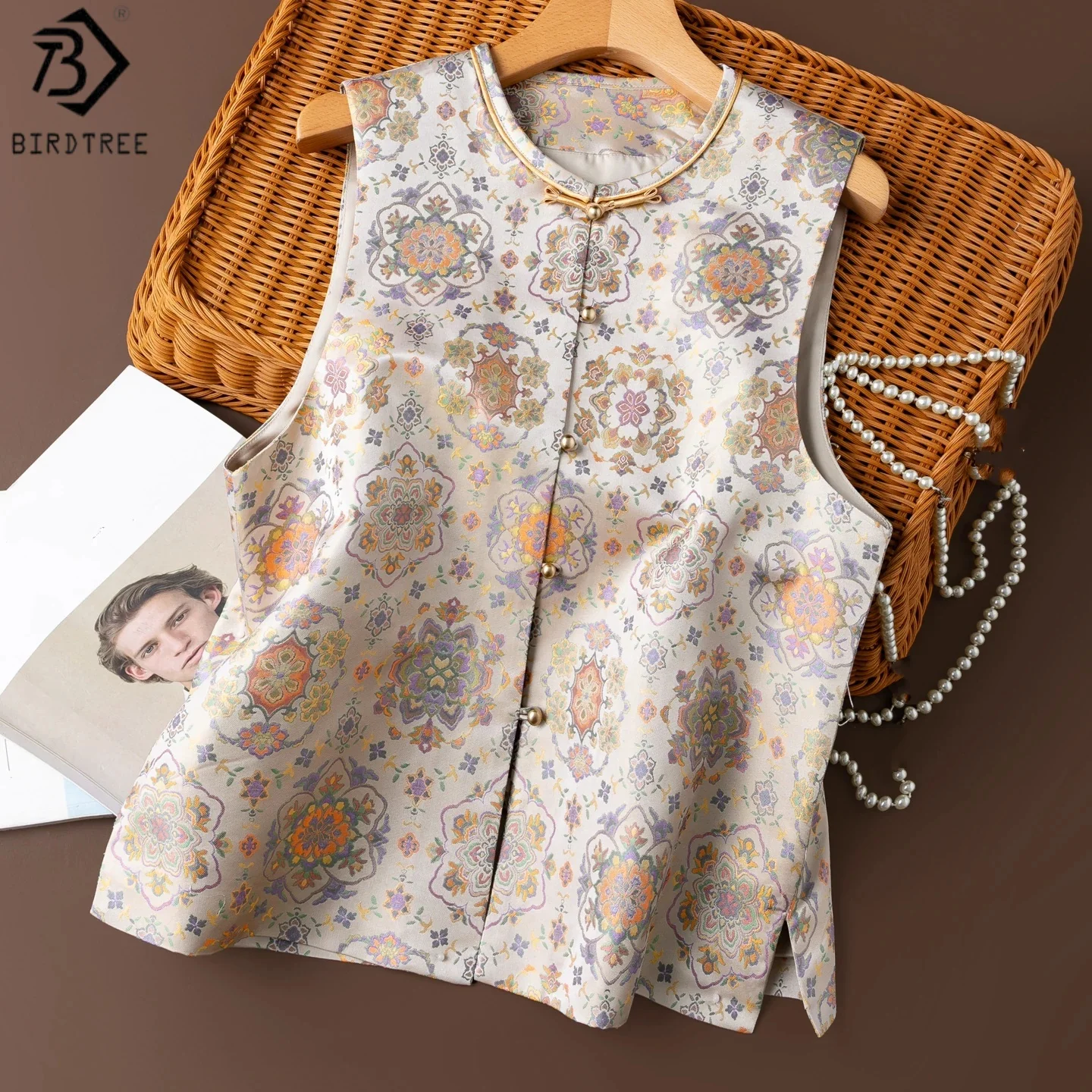 Birdtree, 100% Silk Song Brocade Tank Top, Stand Collar Retro Vest, Women Chinese Style Elegant Tops, 2026 Autumn New T68816JF