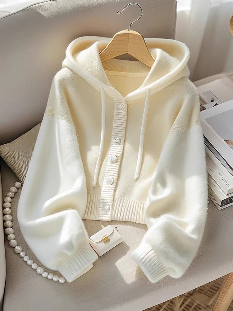 Jmprs Casual Japan Hooded Cardigan Sweaters Women Lazy Wind Patchwork Knitted Coat Vintage Sweet Long Sleeve High Quality Tops