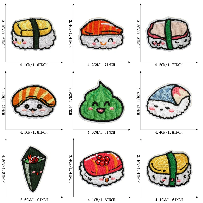 16 Stück Sushi-Essen-Aufnäher zum Aufbügeln für Kleidung, Lachs, Kinder, bestickte Aufkleber, Stoffaufnäher, Cartoon-Motive, Jacken, Nähen, DIY – Detail 3