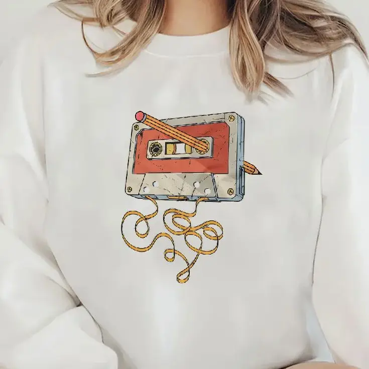 

Retro Vintage Sweatshirt Graphic Hoodies Y2K Tops Casual Daily Wear Unisex Versatile Stylish Pullover Tape Recorder Pencil