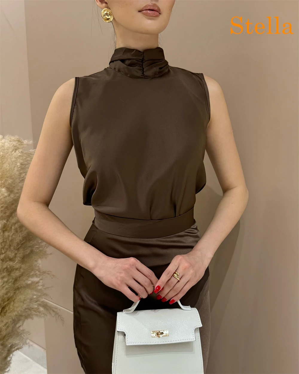 Robe De Noche en Satin marron, personnalisée, exquise, classique, décolleté haut, sans manches, robes De soirée, mode fête, Go