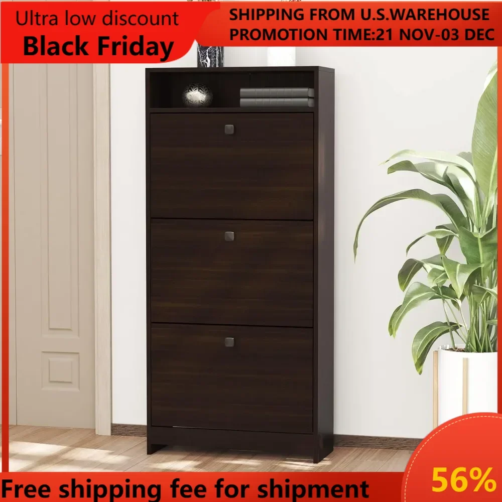 

Slim Shoe Cabinet, Trendy Shoe Storage Cabinet with 3 Large Fold-Out Drawers & a Spacious Top Surface for Small Items,