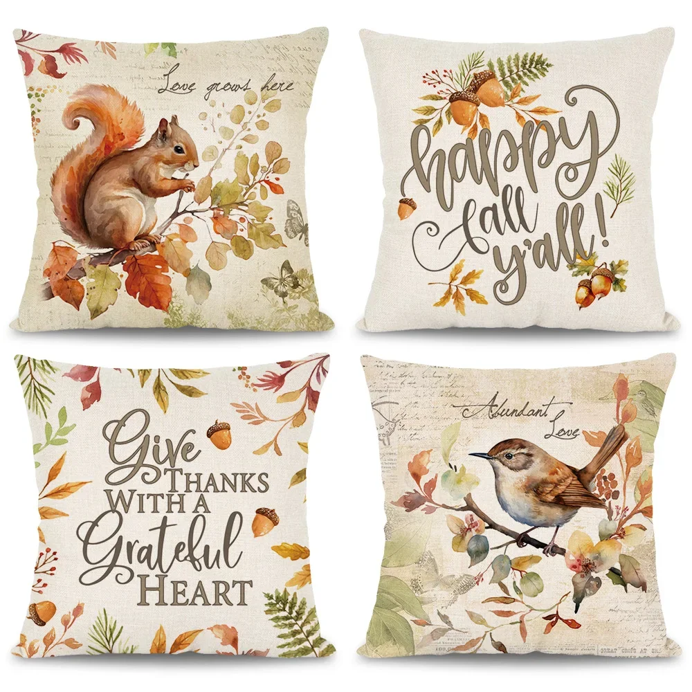 Fall Thanksgiving Pillow Cover Maple Squirrel Bird Design Thanksgiving Cushion Cover Happy Autumn Harvest Decor Holiday Decorati