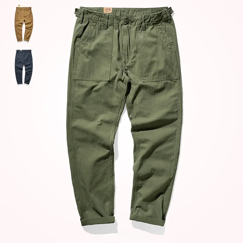 Retro American Casual Work Pants Men's Straight Leg Long Cotton Pure Weave Fishbone Pattern Knitted Trousers Fashion Urban Style