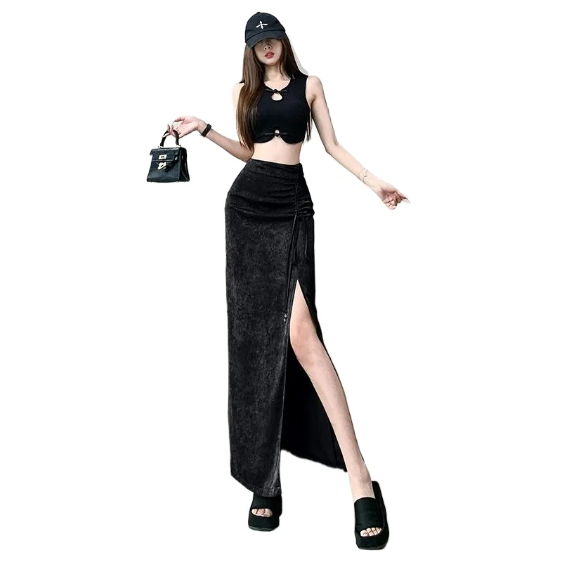 Solidna damska linia A Casual Female High Waist Y2K Sweet Korean Streetwear Clothing Black Chic Vintage All Match Shirring Skirts