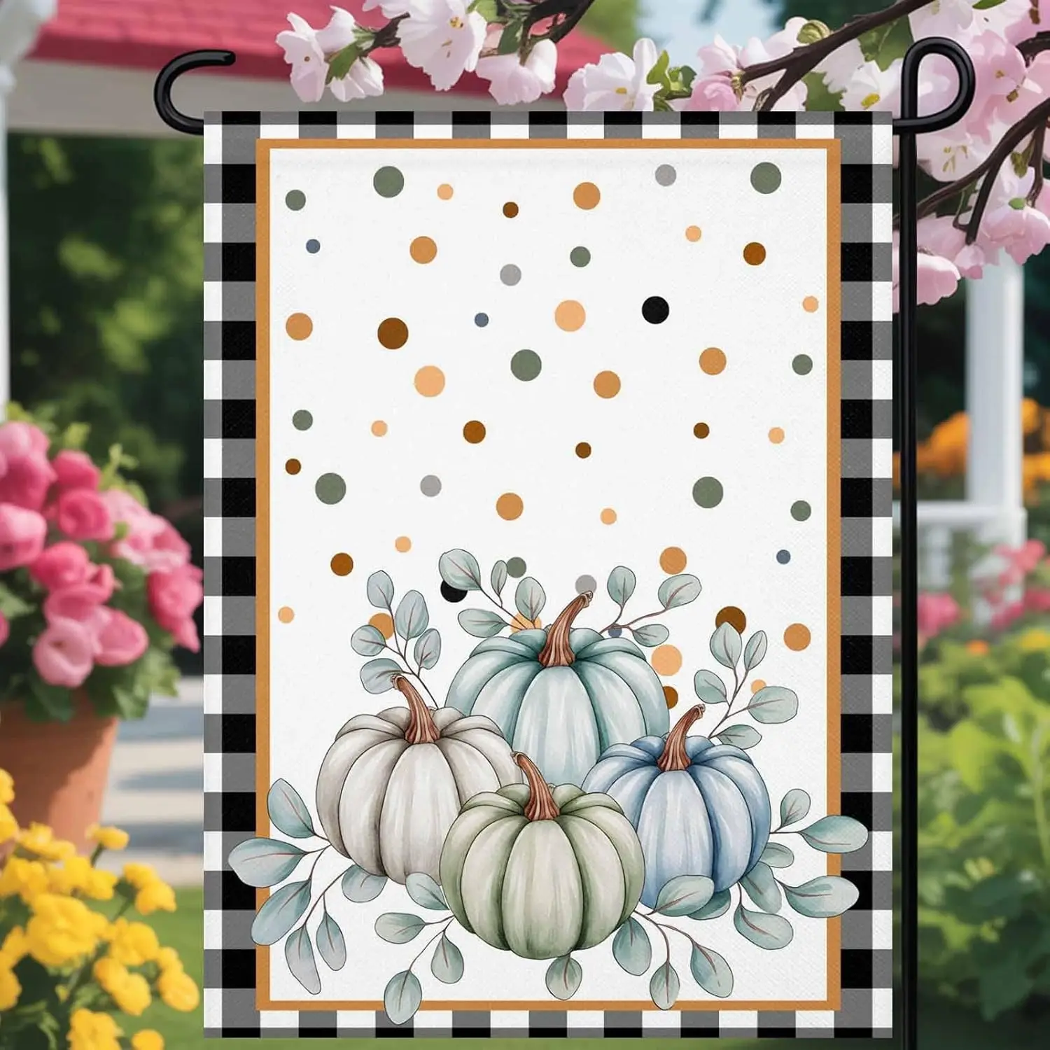 Fall Pumpkins Garden Flags 28x40 Inch Double Sided House Banner Teal Blue Grey Thanksgiving Black Plaid Polka Dot Flag Banne UUX