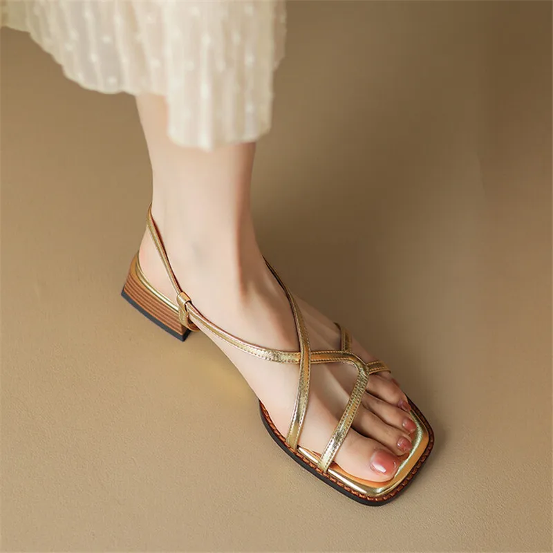 Split Leather Summer Sandals 2023 Square Toe Sandals Cowhide Roman Shoes Women Handmade Low Heel Shoes for Women Zapatos Mujer