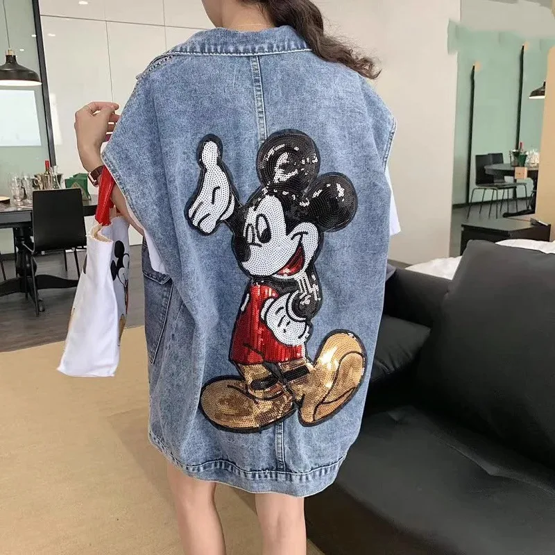 Casual Denim Vest Women's Spring Loose Beads Cartoon Versatile Tooling Sleeveless Waistcoat Large Pocket Single-breasted Jacket