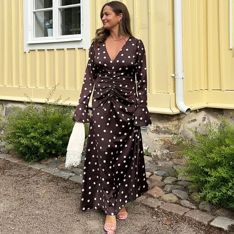 

Talenza Fashion Polka Dot Long Dress Women Luxury Vintage V-Neck Pleated Dress Elegant High Waist Patchwork Female Party Dresses