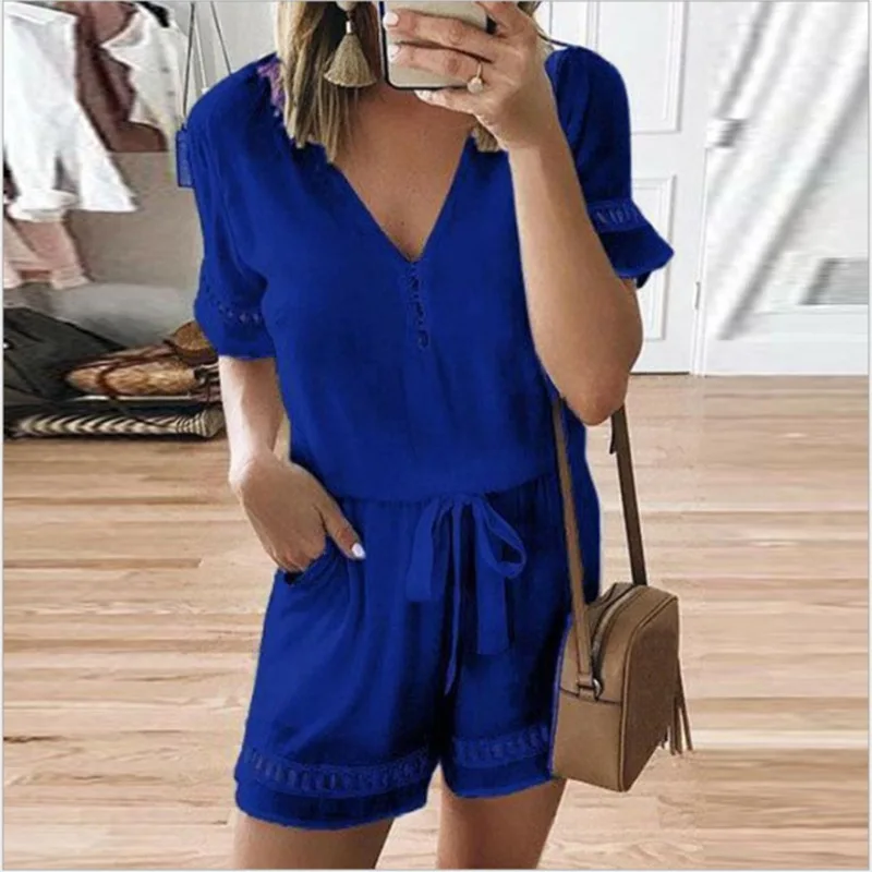 

Summer new style V-Neck Short Sleeve Lace Up Women's Jumpsuit Short Casual Pants