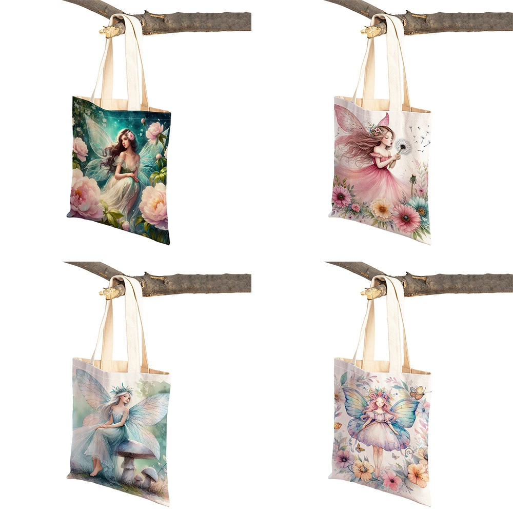 Double Print Linen Lady Handbag Fairy Angel Women Shopper Bag Fairy Tale World Shopping Bags Casual Cute Cartoon Girl Tote