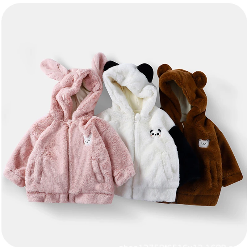 

New Winter Thick Keep Warm Girls Jacket Cute Cartoon Panda Rabbit Bear Pattern Plush Lined With Velvet Heavy Coat For Kids