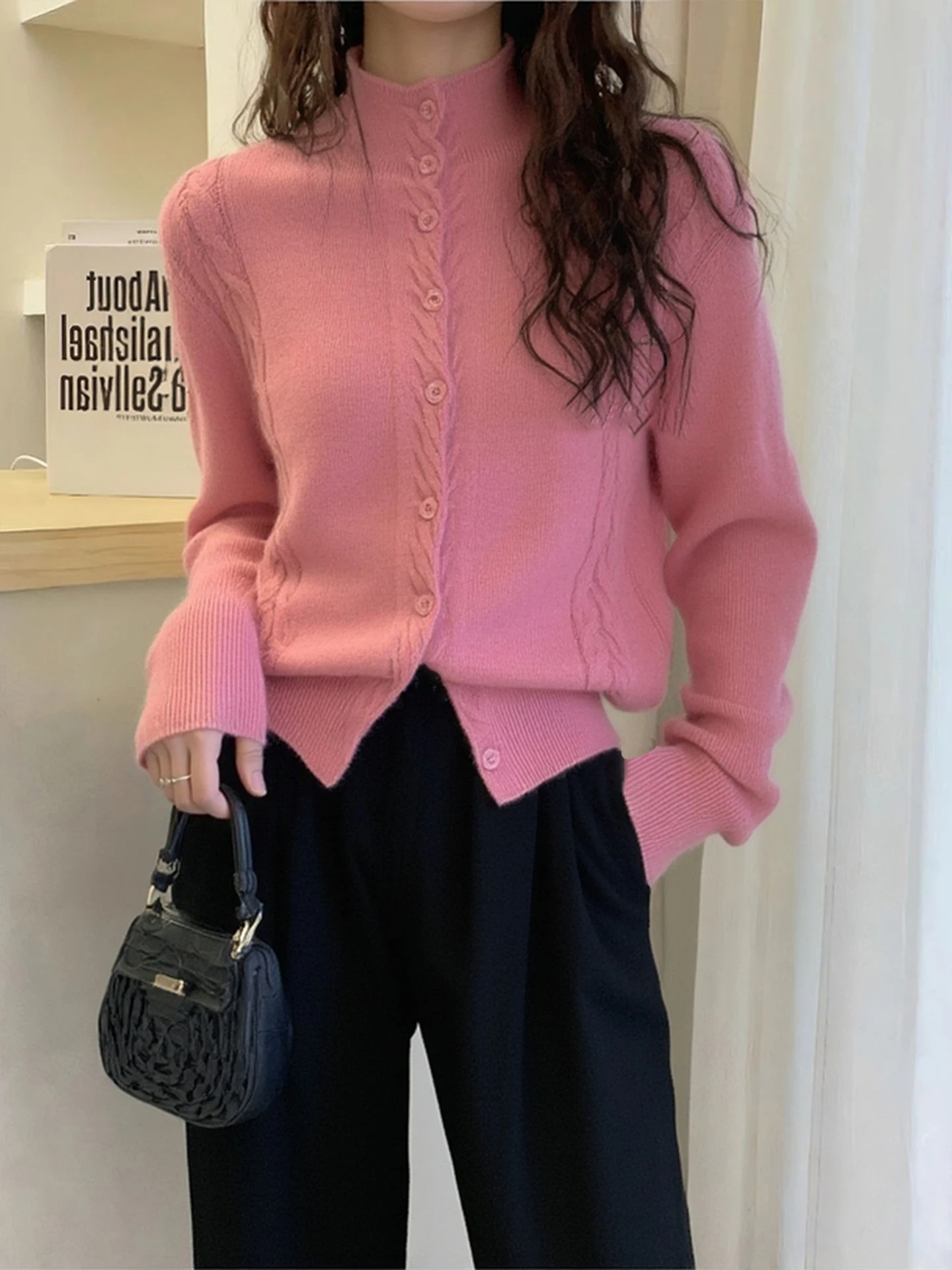 

Вязаный свитер Ele с длинными рукавами и воротником-стойкой, свободный, универсальный, зимний, модный, повседневный, удобный, женский, премиум-класса