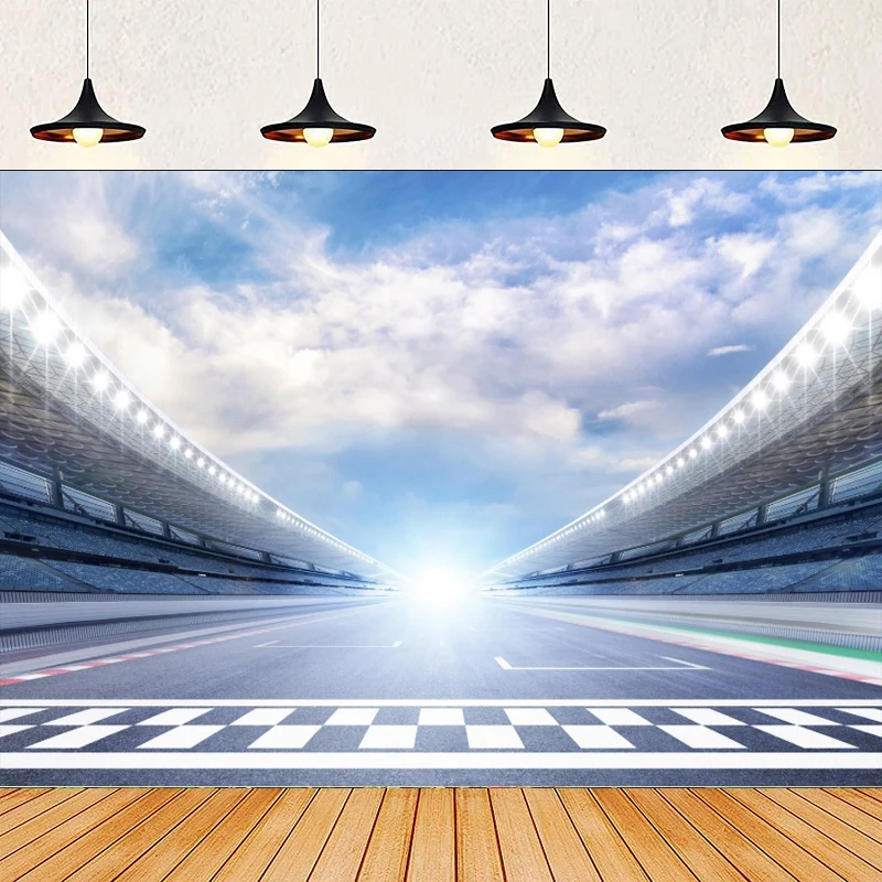 Toile de fond photographique pour voitures de course : Ligne d'arrivée, piste de course, projecteurs, spectateurs, arrière-plan pour club de course, fête d'anniversaire de champion
