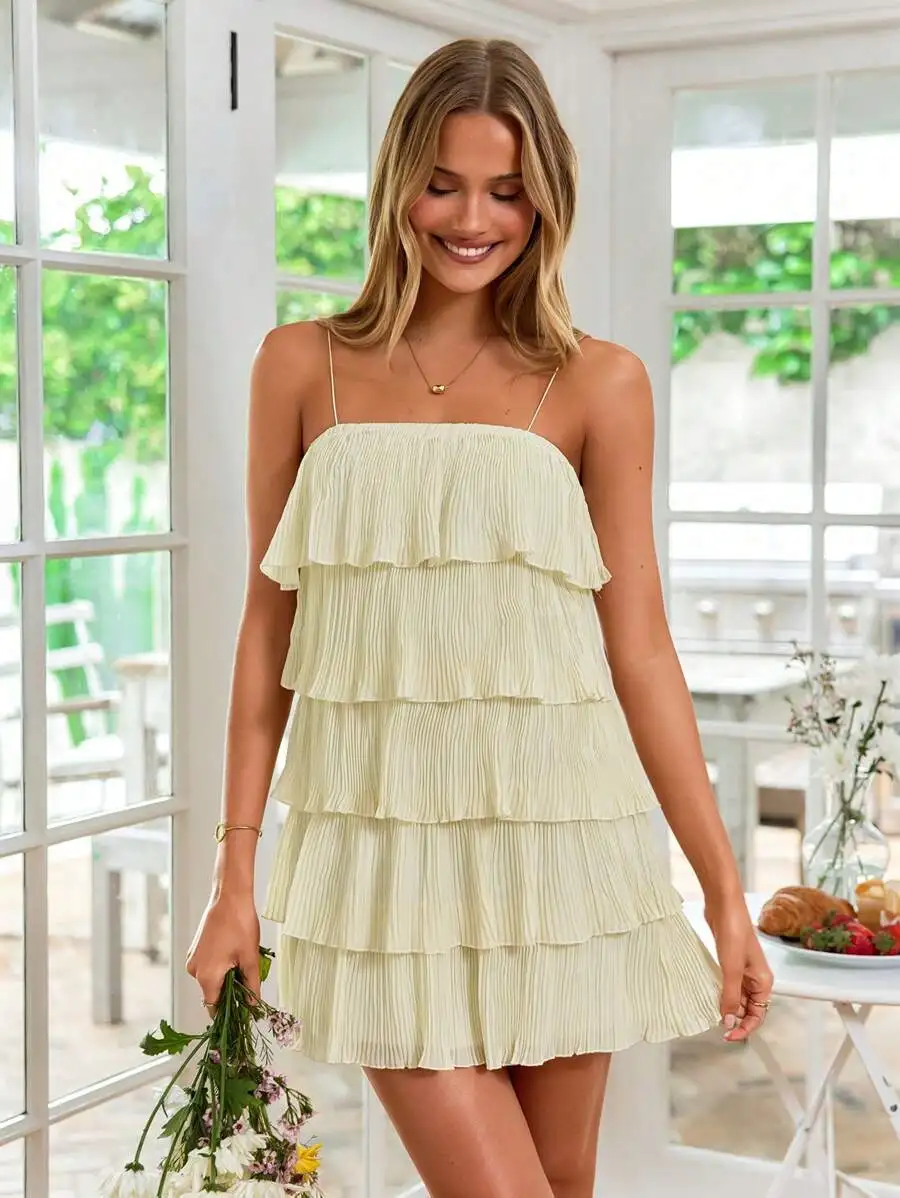 

Women's Cream Pleated Tiered Strap Mini Dress for Summer Vacation
