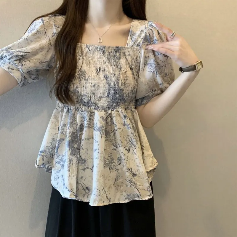 French Style Square Collar Blouse Female Clothing Sweet Broken Flowers 2024 Summer Slim Fashion Folds Casual Short Sleeve Shirt