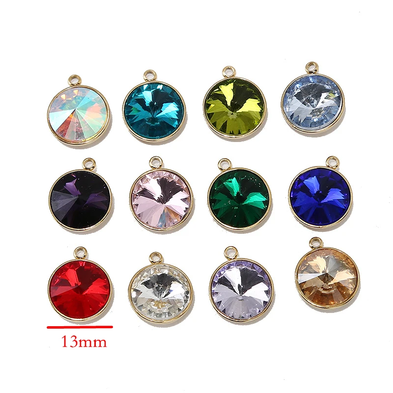 10pcs Stainless Steel 13mm Crystals Round Charm Pendants For Women DIY Jewelry Making Findings Gifts 12 colors