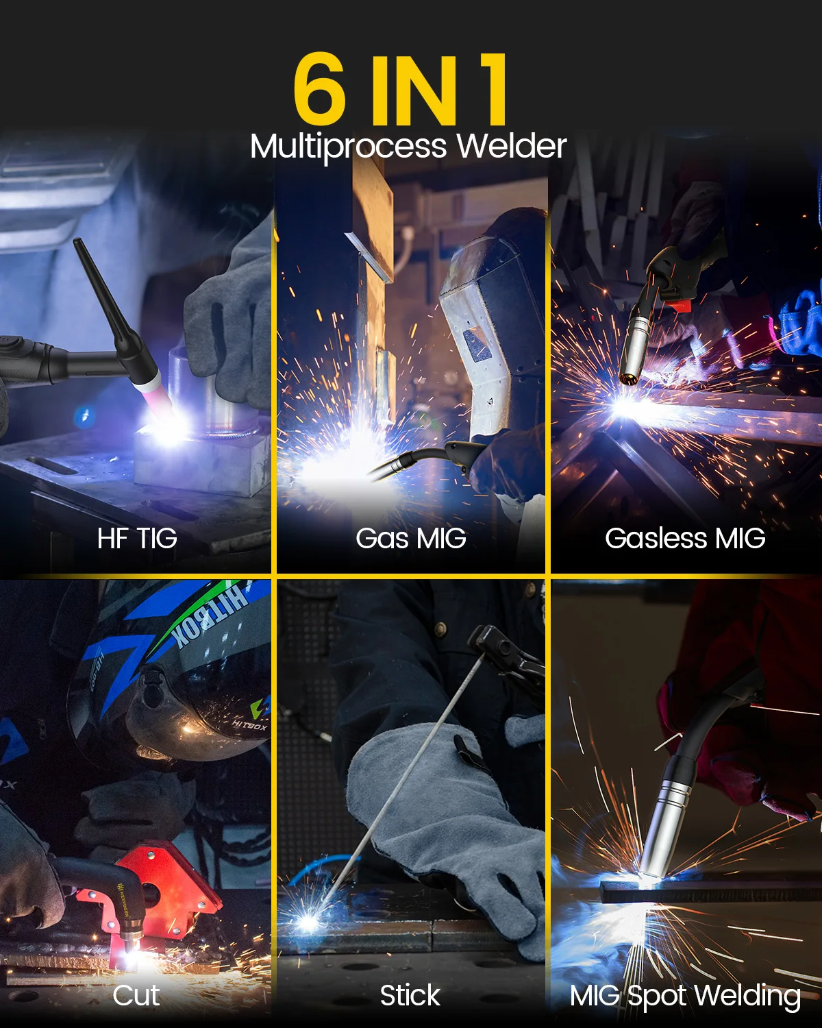 HZXVOGEN HVM270 6 In 1 Combo Plasma Cutter Welder Dual Voltage 110V/220V Synergic Gas/Gasless MIG Spot MIG HF TIG MMA Stick Air Plasma Cutting Machine Multi Process IGBT Welding Cutting Equipment