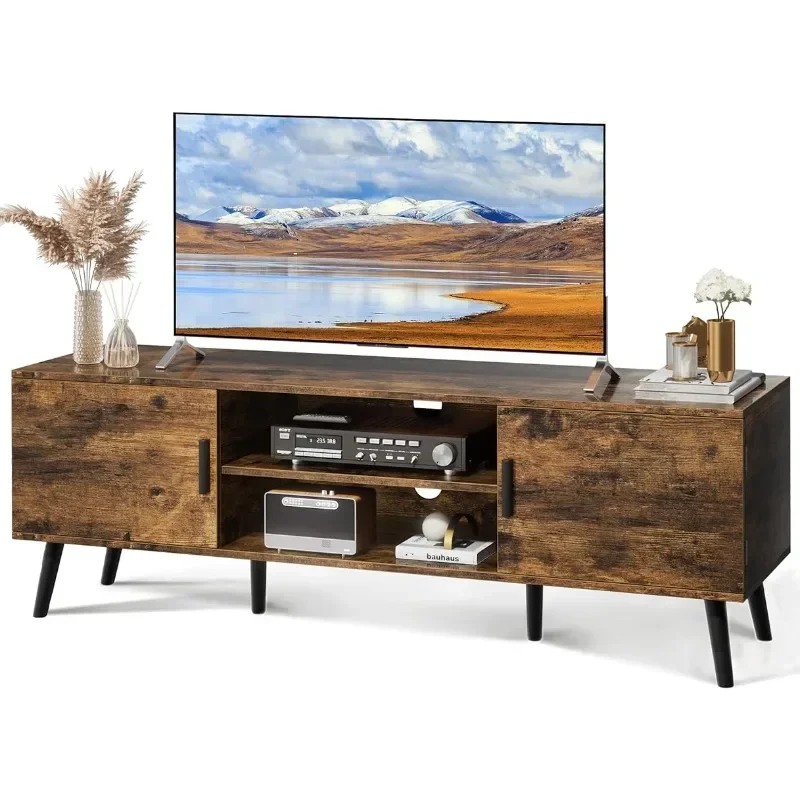 TV Stand for 55 Inch TV, Entertainment Center with Adjustable Shelf, 2 Cabinets,TV Console Table, Media Console, Solid Wood Feet