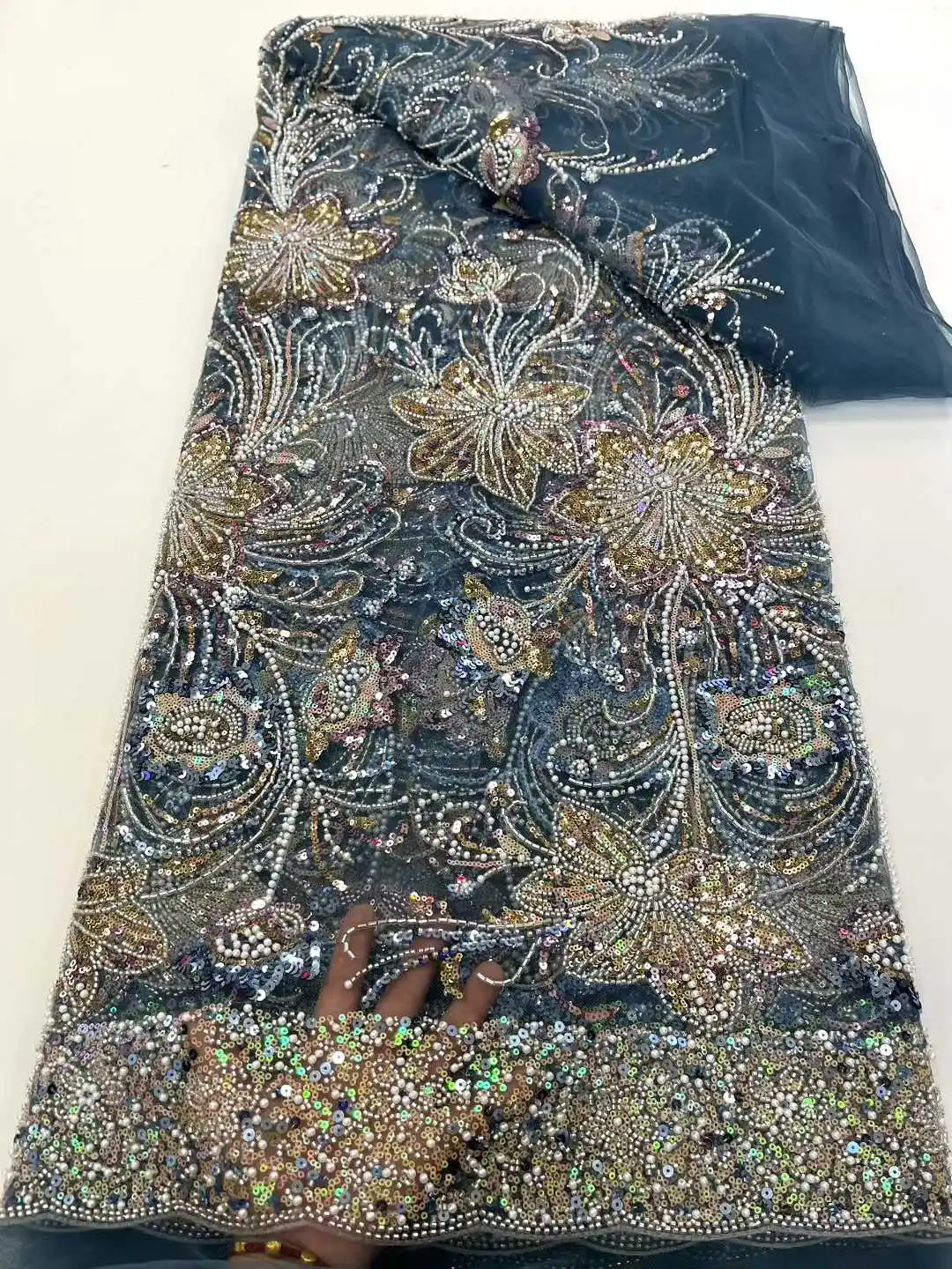 

African French Sequined Lace Fabrics 2025 High Quality Beaded Lace Nigerian Groom Embroidered Dress Material For Party Sewing