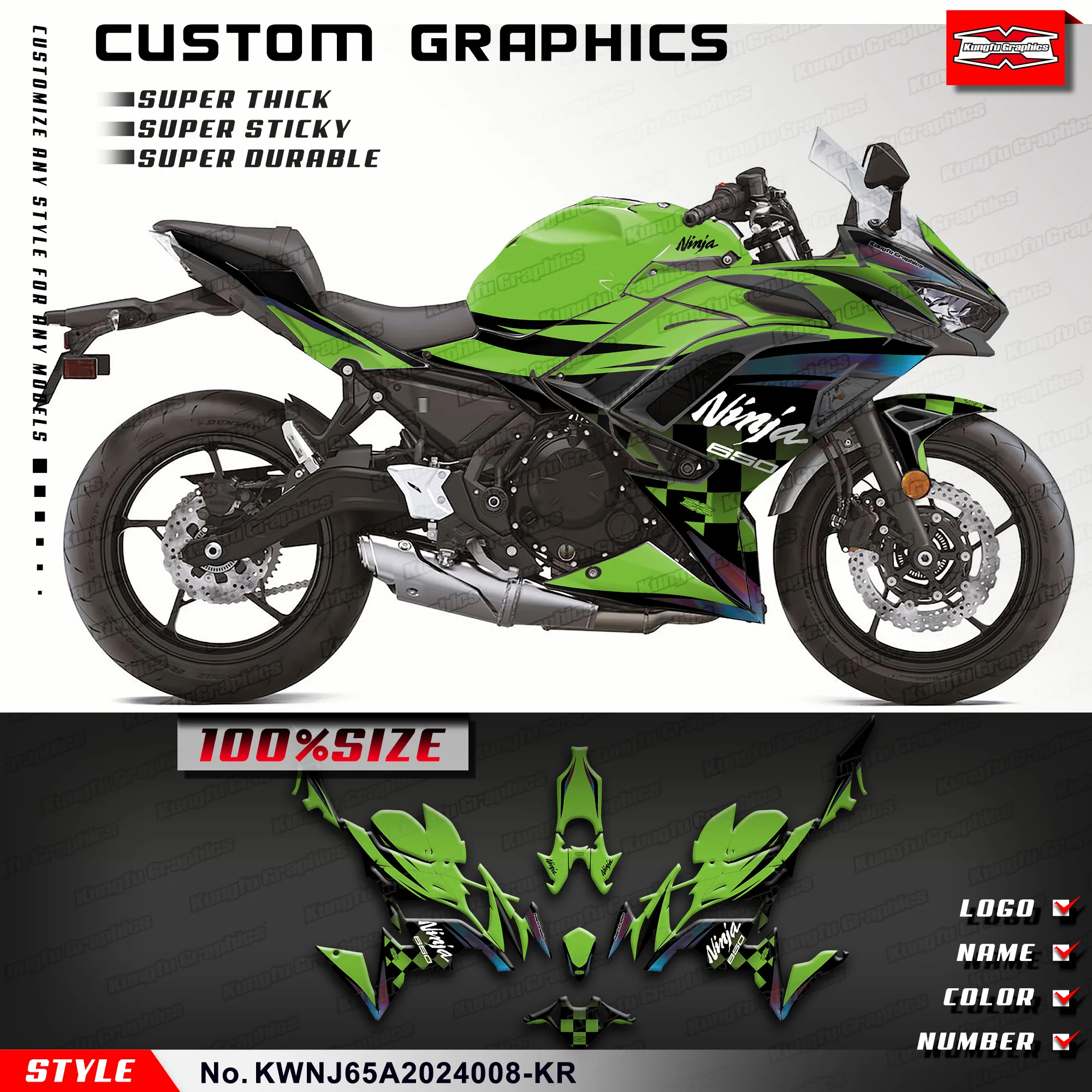 

KUNGFU GRAPHICS Sport Bike Décor Vinyl Sticker Kit for Kawasaki Ninja 650 2020 2021 2022 2023 2024 KWNJ65A2024008-KR