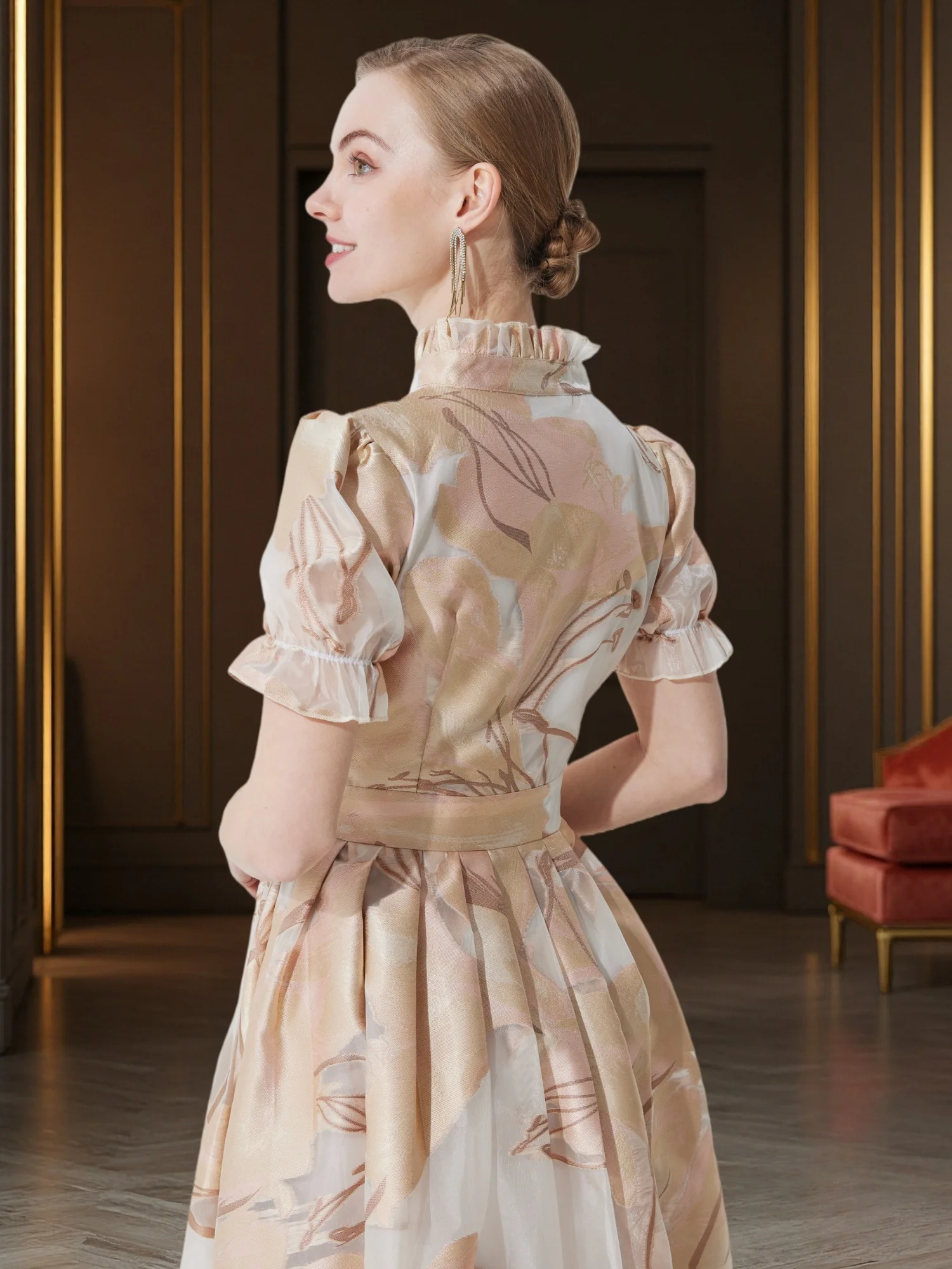 French Vintage Embellished Jacquard Dress with Waist-Cinching Flared Maxi Silhouette for Elegant Banquets and Dates
