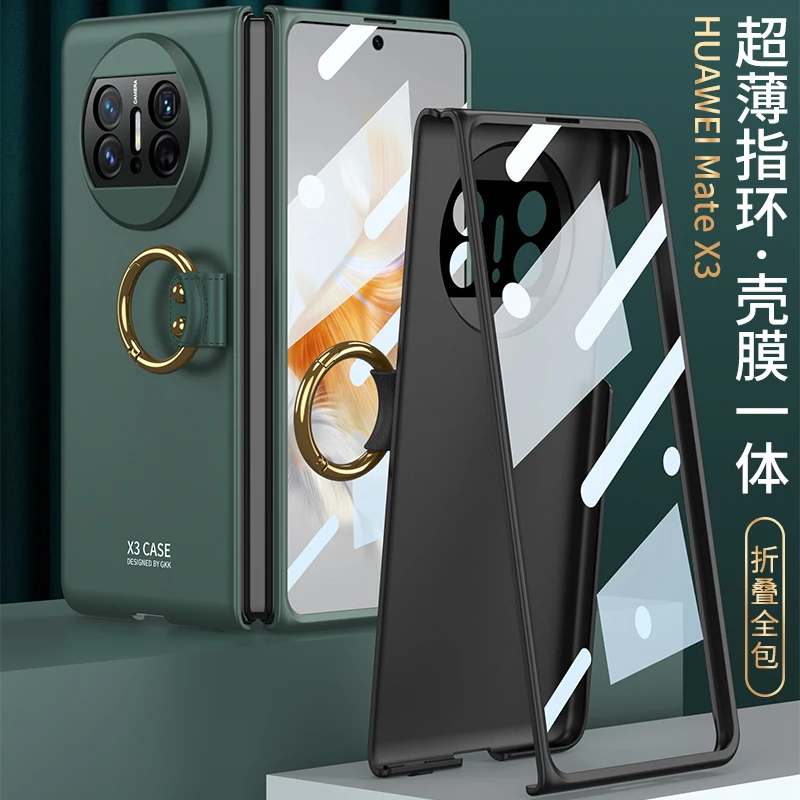 For Huawei Mate X3 Case Ultra Thin Skin Friendly Matte Metal Ring Bracket With Tempered Film Folding Shockproof Cover Accessory