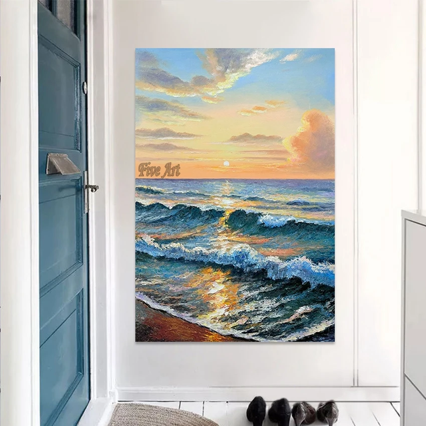 Beautiful Sunrise Seaside Landscape Oil Painting, High Quality, Knife Art, Restaurant Wall Decoration, Canvas Picture, Unframed