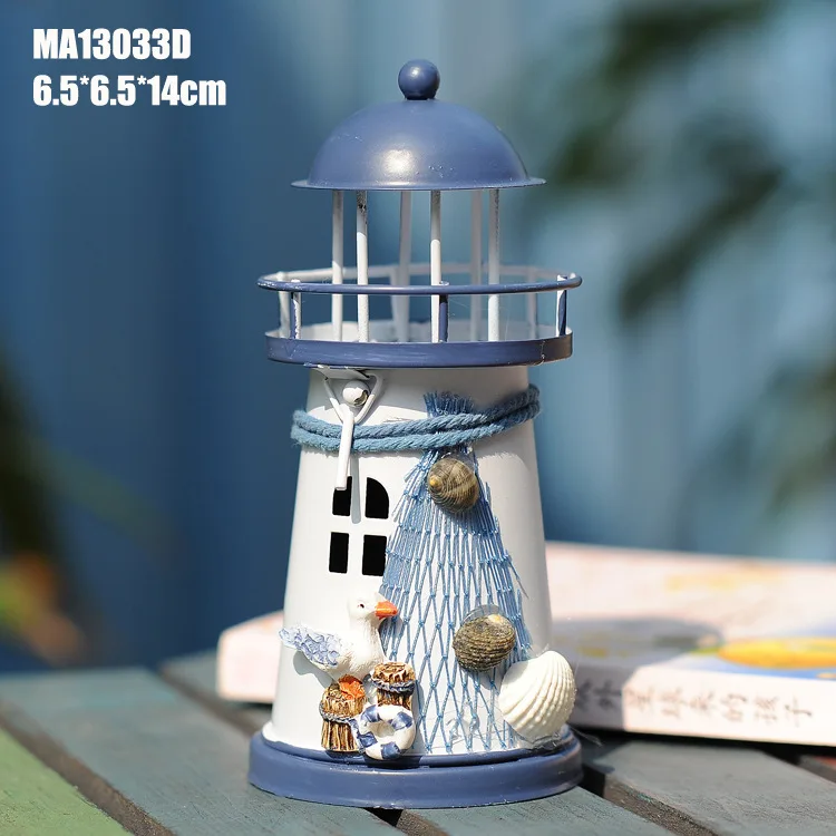 2025 NEW Creative Candle Holders Mediterranean Lighthouse Iron Candle Candlestick Blue White Candles Rack Stand Home Table Decor