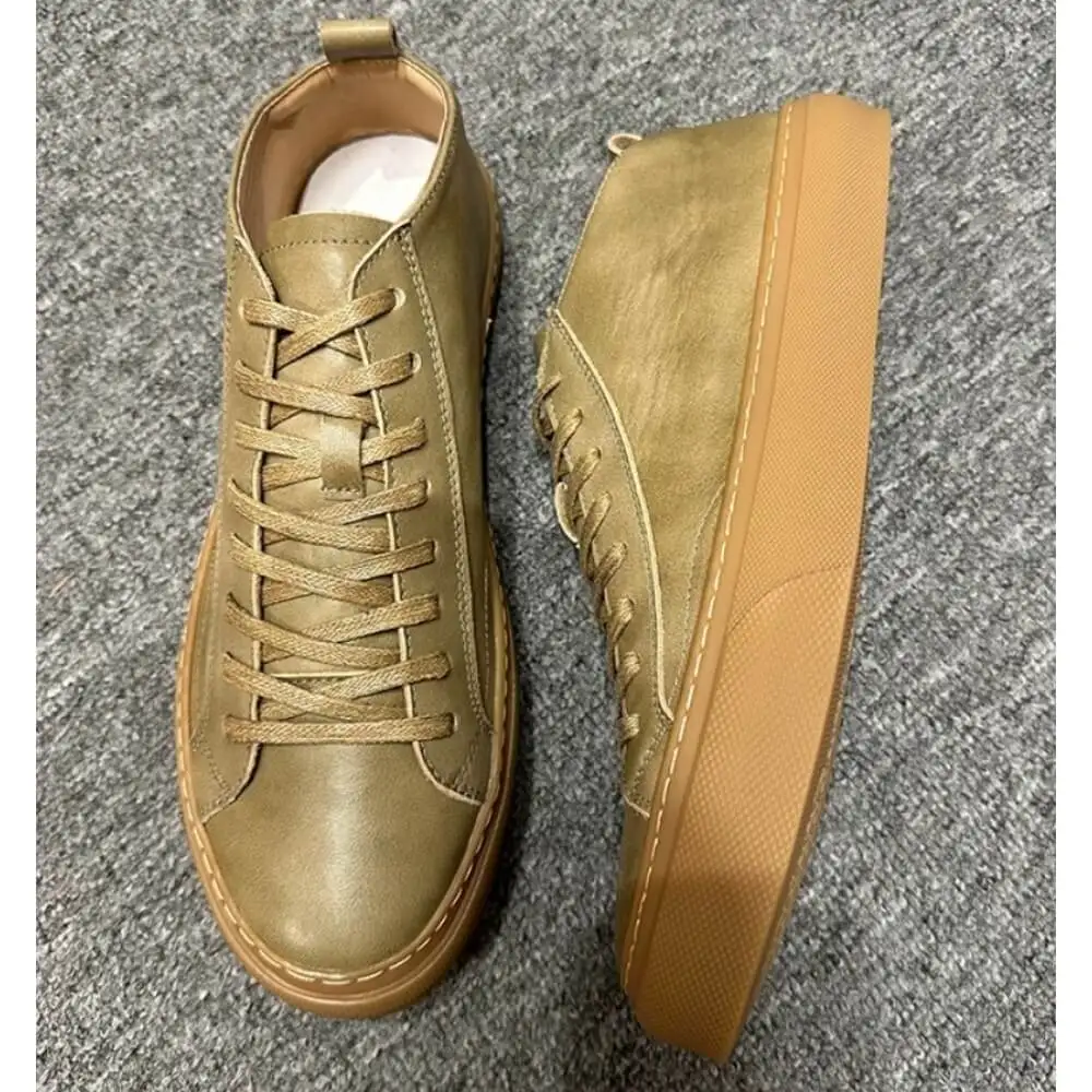Army Green Burnished Leather Mid-top Casual Sneakers, with matching laces and gum sole