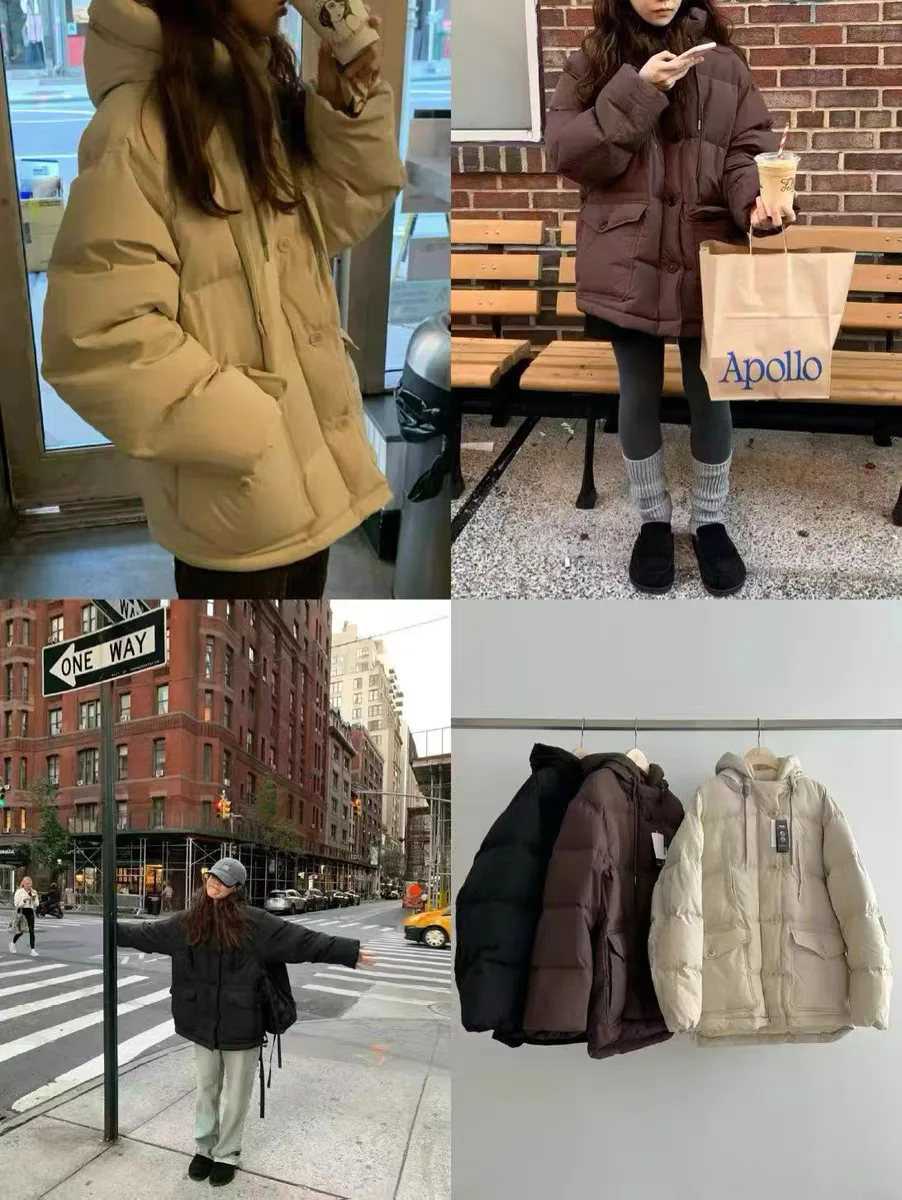 East Gate Pure Color Hooded Bread Sle down Jaet Women's Loose Workwear kets Warmth ort Outerwear Faionable Coat