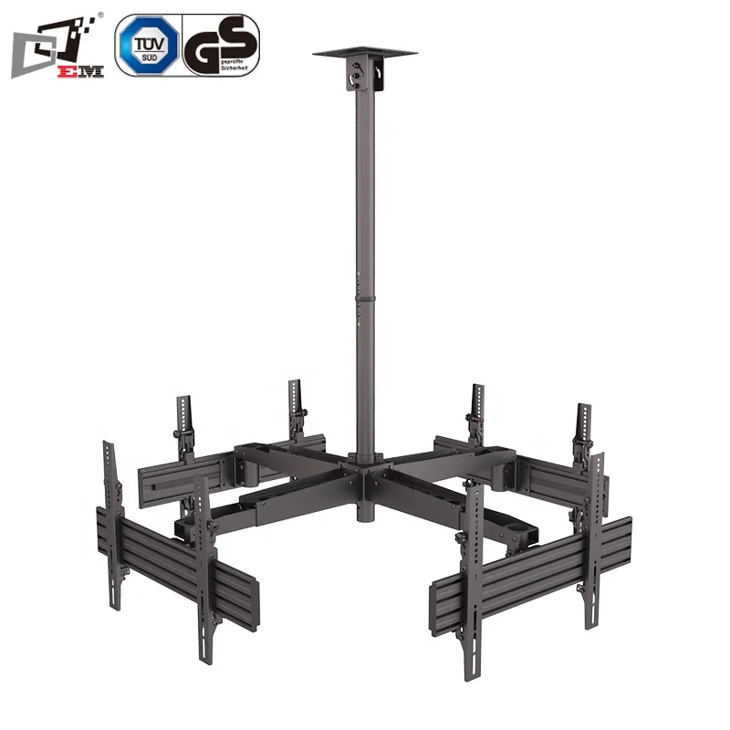 Retractable Hanging Ceiling Mount TV Arm for Four Screens Height Adjustable Steel TV Bracket for Commercial Monitor Display