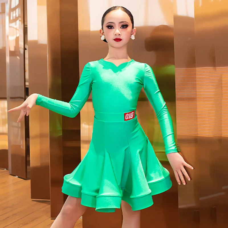 Kids Girls Latin Dance Costumes Long Sleeve Bodysuit and Large Fish Bone Skirt Children's Ballroom Rumba Performance Dancewear