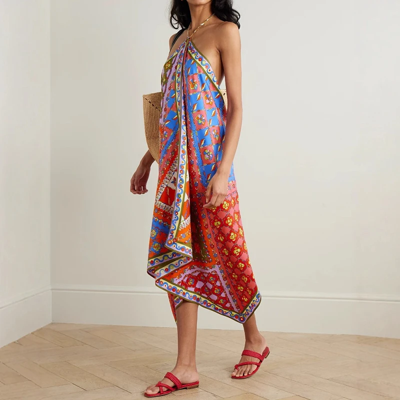 Abiti da donna con orlo irregolare senza maniche con scollo all'americana stampato 2025 Abiti da vacanza estivi Boho Abito maxi bohémien da spiaggia casual