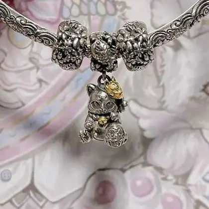 

925 Sterling Silver With 9K Gold Lucky Fortune Daruma Cat Dangle Charm Bead For Bracelet Bangle European Jewelry