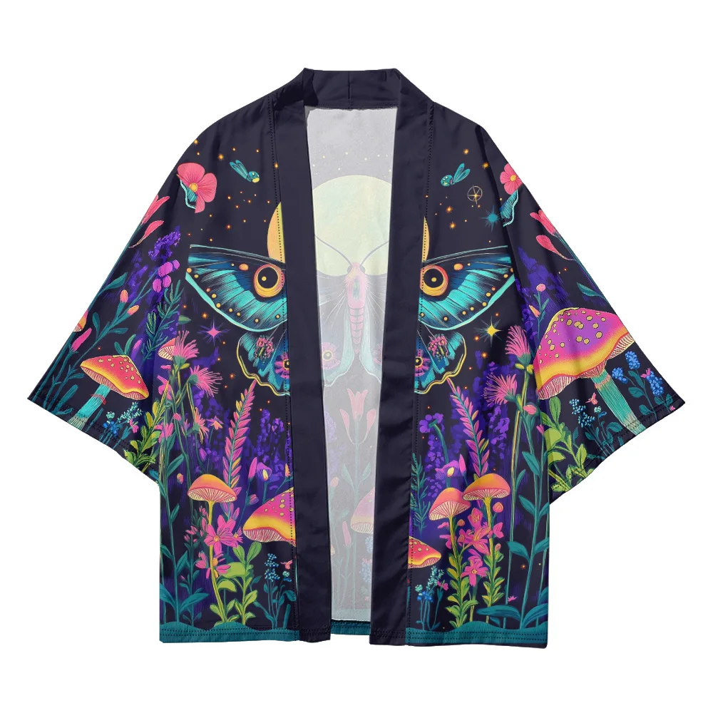 New Design Fashion Japanese Cardigan Haori Unisex Women Traditional Costume Butterfly Mushroom Print Shirt Yukata Beach Kimono
