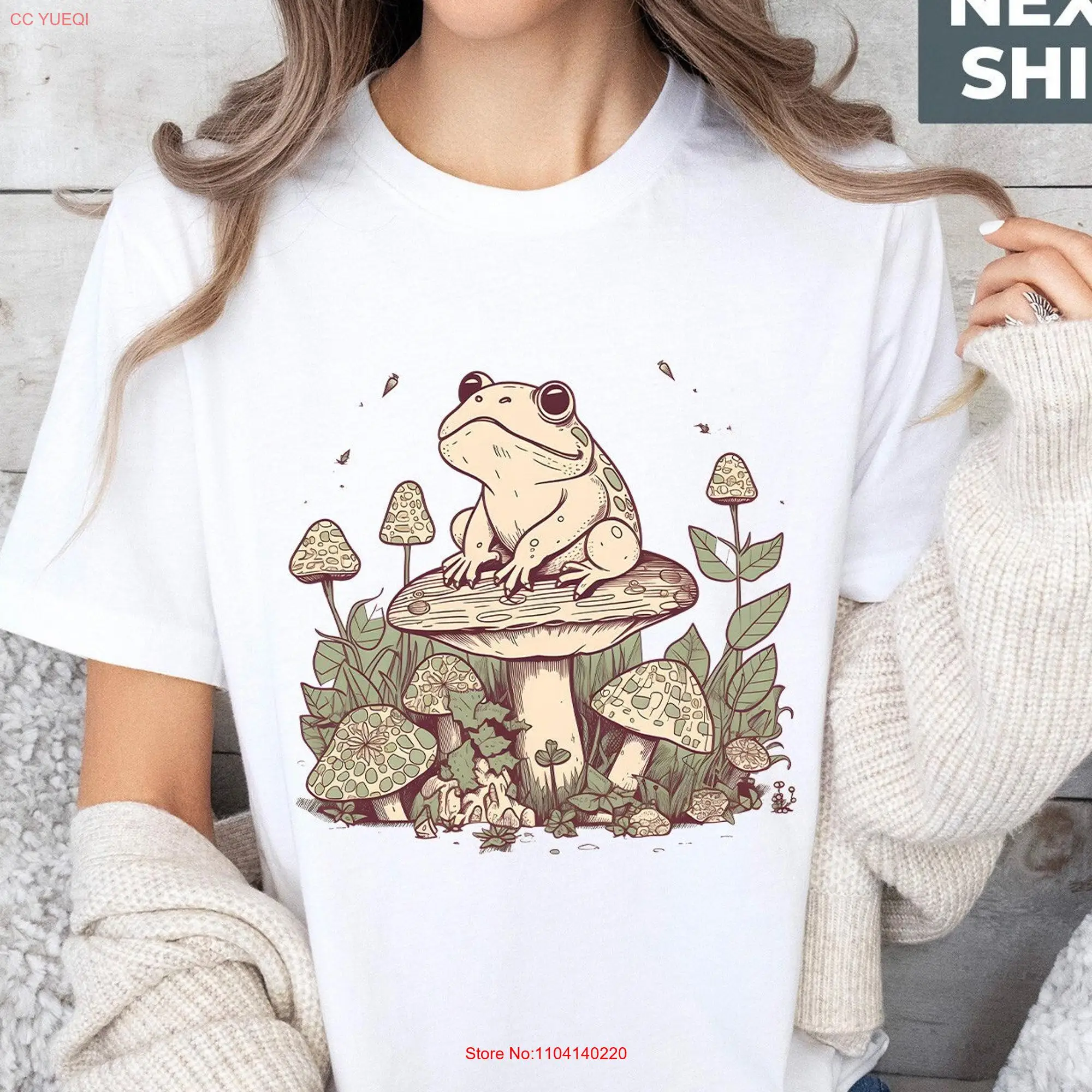 Retro Frog Sitting on Mushroom T Shirt Funny Froggy Cottagecore Toad Lover Mom Sweater long or short sleeves