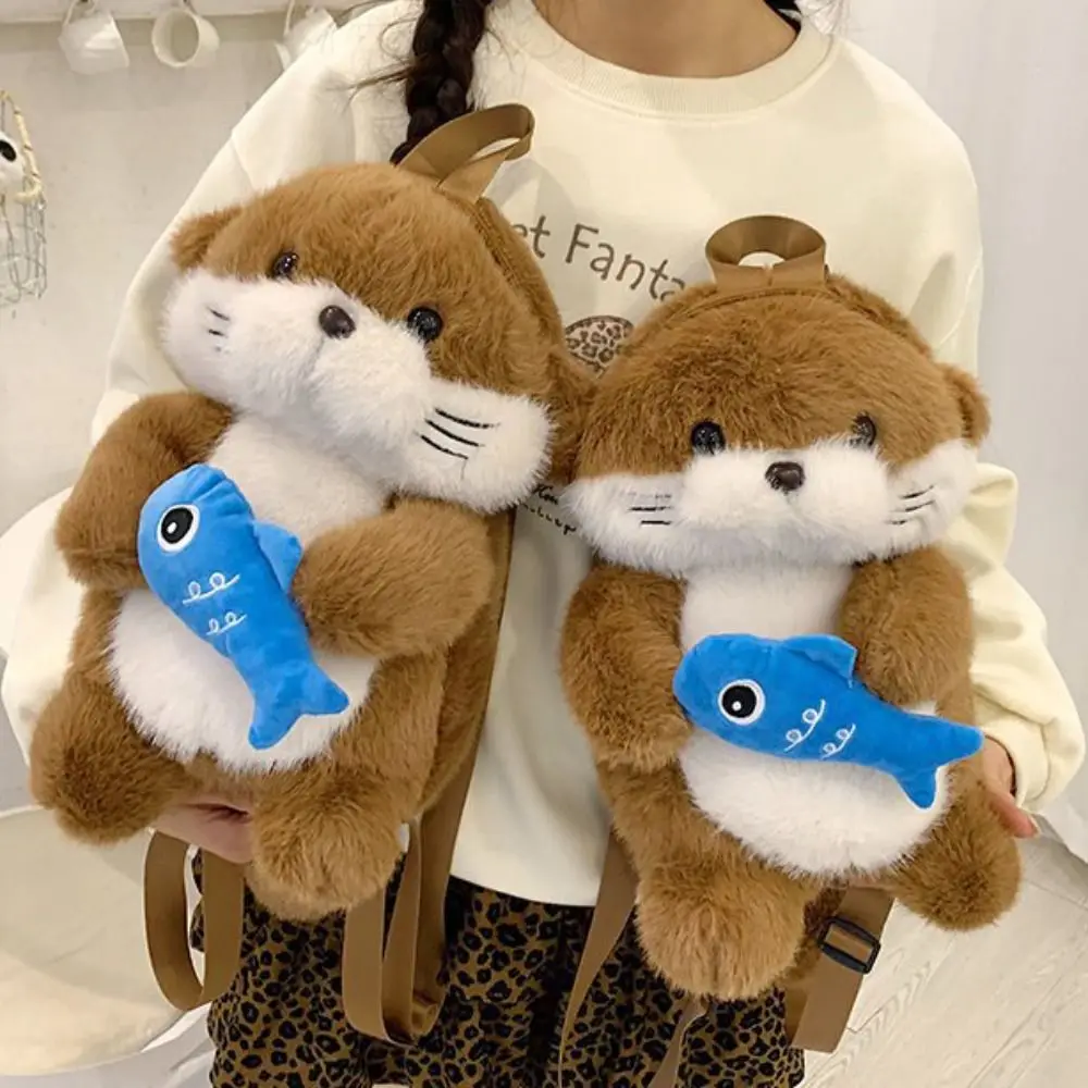 

Adorable Otter Backpack Realistic Look Holding Fish Simulation Animal Shoulder Bag Soft Fluffy Student School Bag Birthday Gift