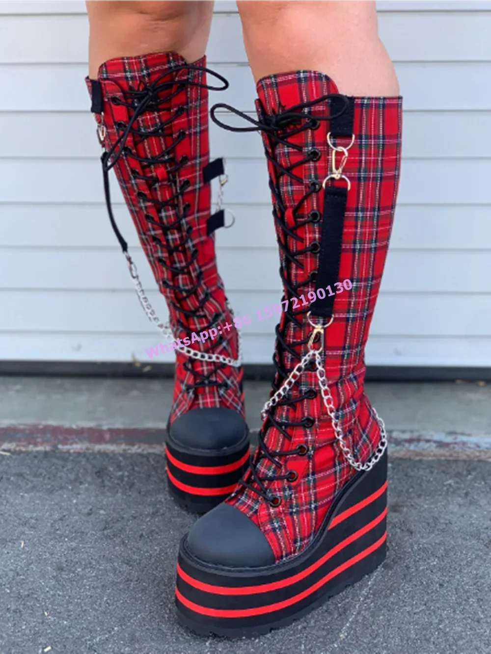 Red Pink Checkered Knee High Boots Metal Chain Round Toe Wedges Platform Cross Tied Back Zipper Shoes Women's Lovely Sexy Boots