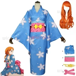 Anime Nami Cosplay Costume East Blue Wano Kuni Country Japanese Blue Kimono Dress Wig Adult Woman Sexy Carnival Halloween Suit
