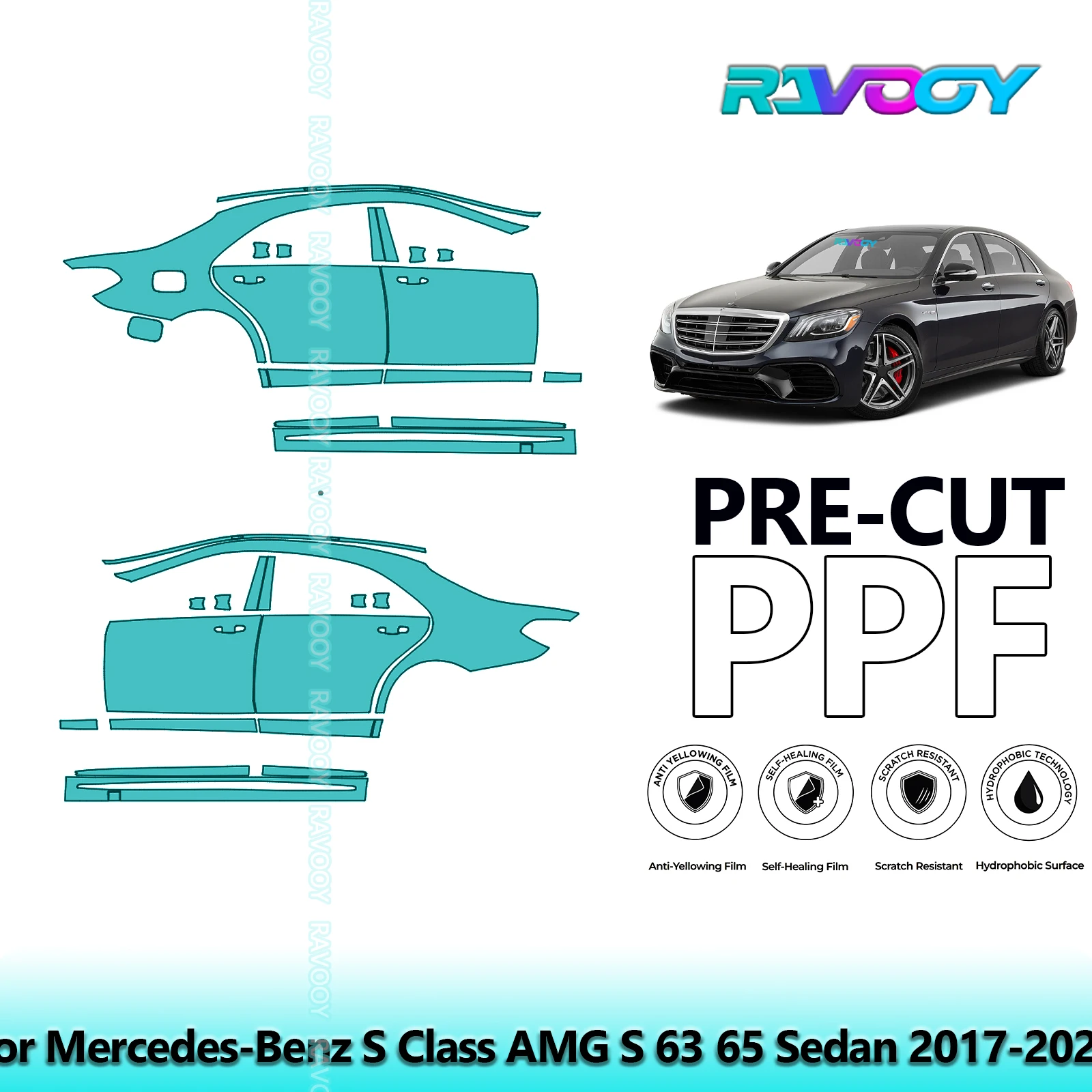 

For Mercedes-Benz S Class AMG S 63 65 Sedan 2017-2020 8.5mil Pre-Cut PPF Door & A/B Pillar Kit TPU Paint Protection Film Set