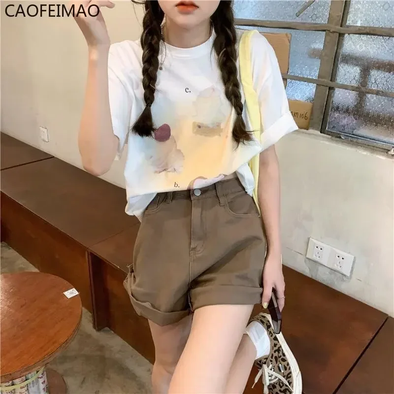 Caofeimao Solid Crimping Shorts Denim Women High Waist Simple Korean Style A-line Vintage Students All-match Fashion Streetwear