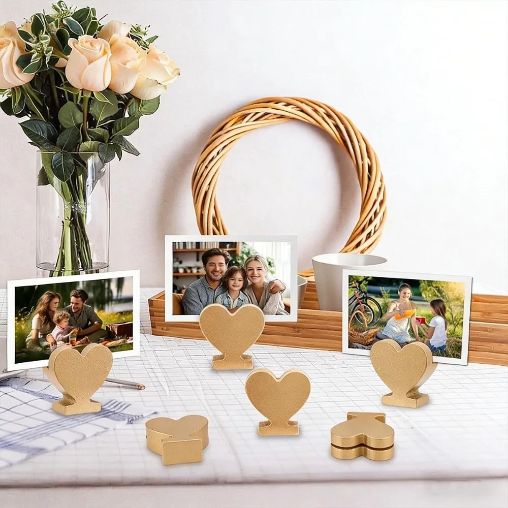 12PCS Star Heart Shaped Table Number Cards Stands Wooden Gold Name Card Clips Smooth Surface Photo Display Stand Wedding Party