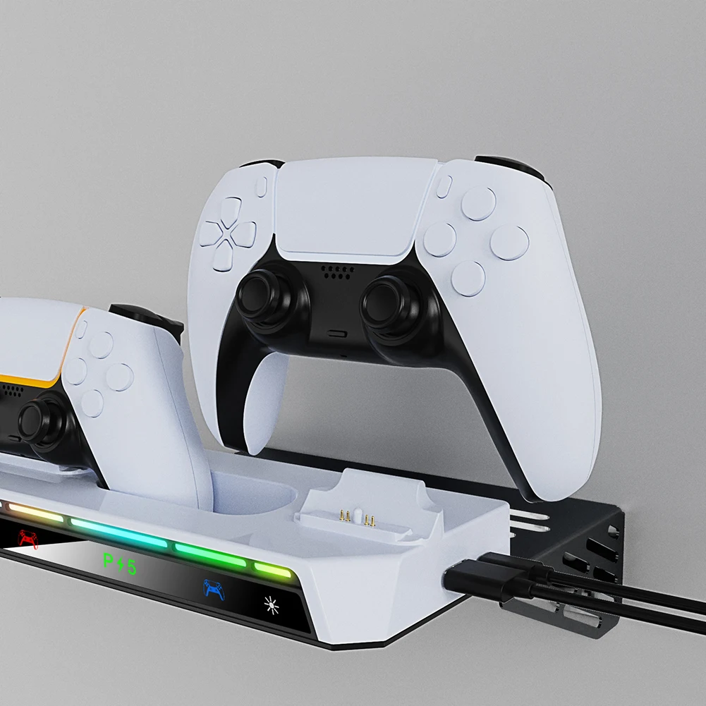 Wall Mount Kit with Charging Station RGB Light Wall Bracket W/ Headset Holder Wall Stand for PS5/PS5 Slim Disc & Digital Console