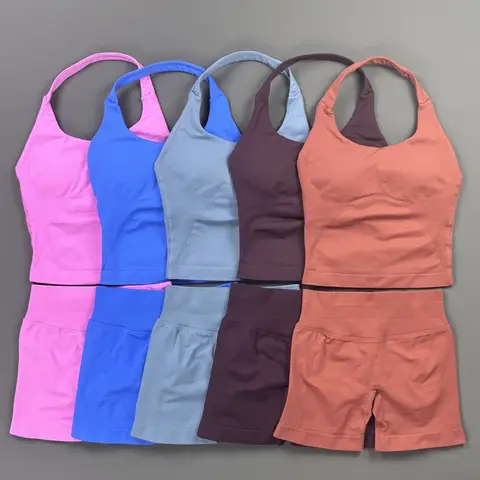 2Piece Gym Set Women Padded U Neck Tank Top High Waist Hip Lifting Biker Shorts Seamless Soft Fitness Pilates Workout Sportswear