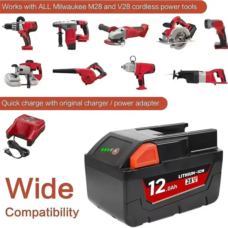 Batería de repuesto de iones de litio M28 de 12,0 Ah para herramienta Milwaukee 28V M28 48-11-2830 0730-20